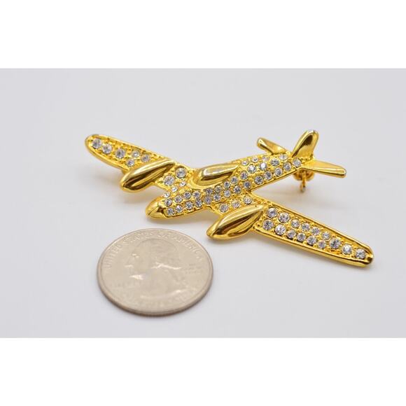 Crystal Airplane Pin Brooch Gold Pave Rhinestone Statement Vintage 1980s Bin1 - Picture 9 of 9